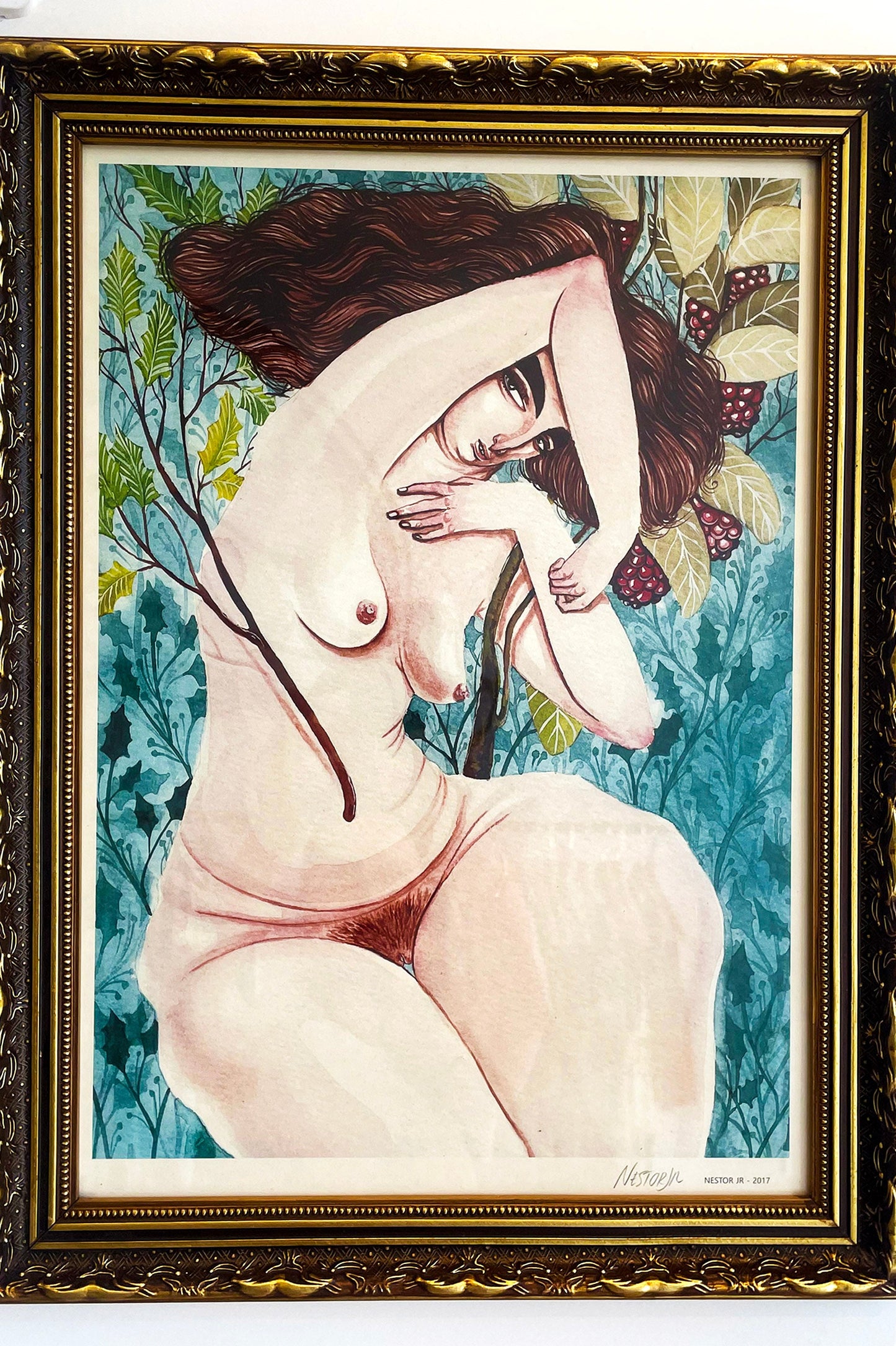 Quadro Aquarela Nestor Jr. Mulher com amoras