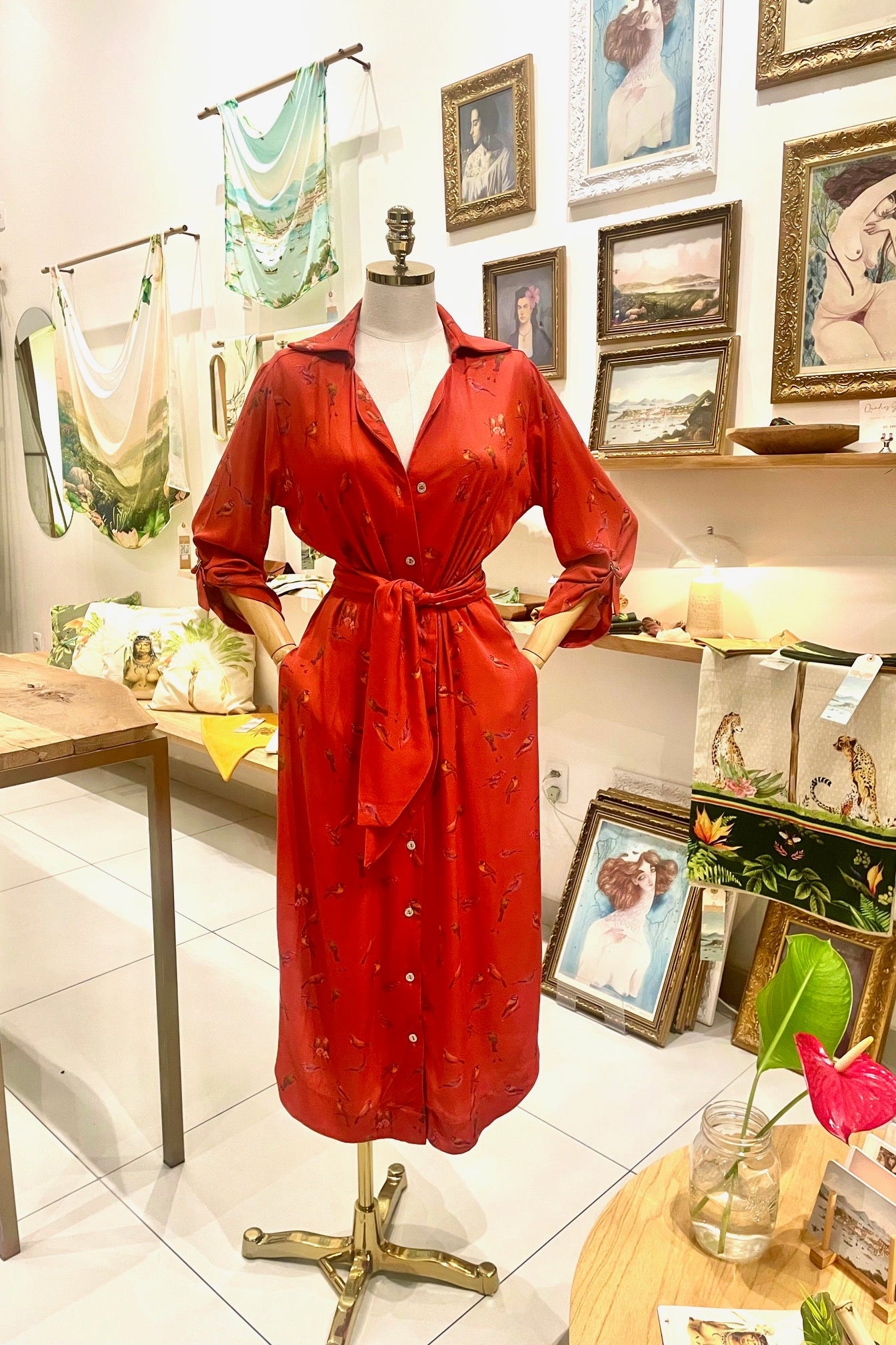 Vestido Camisa Passarinhos Vermelho