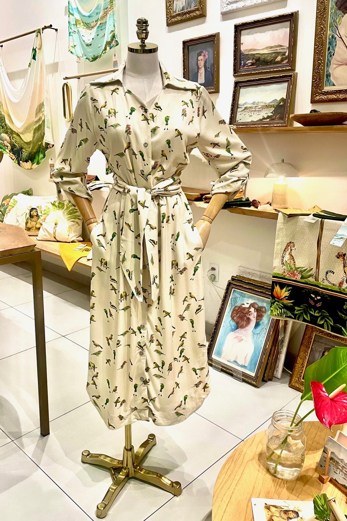 Vestido Camisa Passarinhos Areia