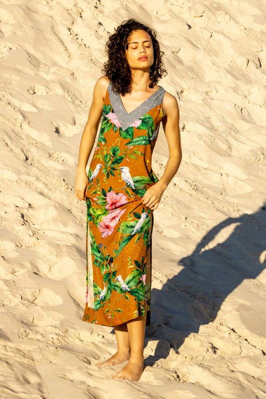 Vestido Longo Ocre Floral